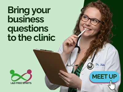 Picture of Kim Ellis in a lab coat - text reads bring your business questions to the clinic