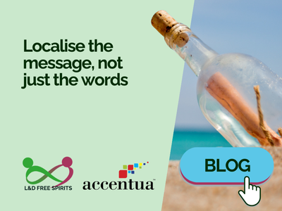 Promotional image for an Accentua blog about localisation, showing a message in a bottle on a beach with the headline “Localise the message, not just the words”.