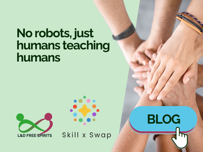 A group of people stacking their hands together in a gesture of teamwork, alongside the text “No robots, just humans teaching humans” and a blue button labelled Blog with a cursor icon, plus the L&D Free Spirits logo.