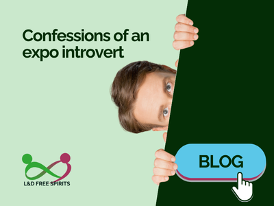 Illustrated blog thumbnail with a pale green background. On the right, a cartoon style person peeks out from behind a dark green vertical panel, gripping the edge with both hands and looking slightly wide eyed. The text reads “Confessions of an expo introvert”. In the bottom right is a blue button labelled “BLOG” with a hand cursor icon. The L&D Free Spirits logo appears in the bottom left corner.