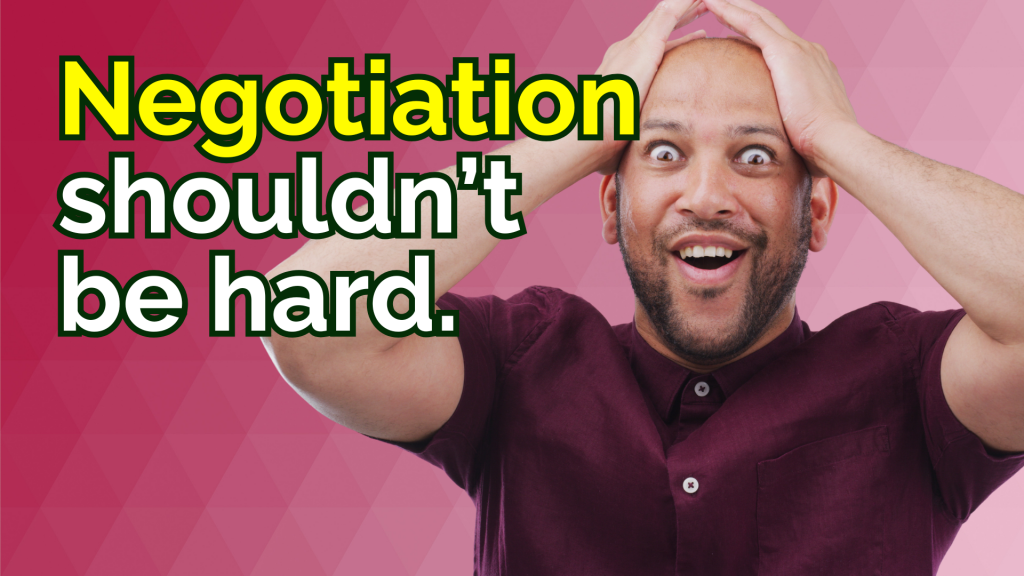 A promotional webinar graphic with a pink geometric background featuring a smiling man in a burgundy shirt holding his head with both hands in a surprised expression. Large bold text reads “Negotiation shouldn’t be hard.” The word “Negotiation” is in bright yellow and the rest of the text is in white with dark green outlines.