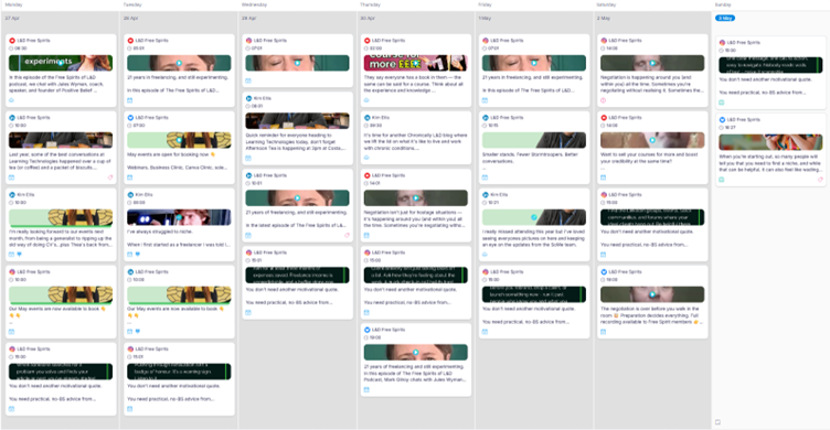 A snapshot of loads of posts scheduled for social media over a week