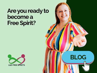 **Alt text:** Promotional graphic for L&D Free Spirits featuring Kim Ellis standing on the right, smiling and extending her hand towards the viewer in an inviting gesture. She is wearing a colourful striped dress in bright shades of pink, orange, yellow, blue and green. Large black text on the left reads, “Are you ready to become a Free Spirit?” The L&D Free Spirits logo appears in the bottom left corner. In the bottom right is a large blue button labelled “BLOG” with a hand cursor clicking it. The background is split into pale green and dark green vertical sections.