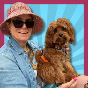 Joanne Lockwood wearing sunglasses and a sunhat, sitting with a small brown curly-haired dog against a blue sunburst background.