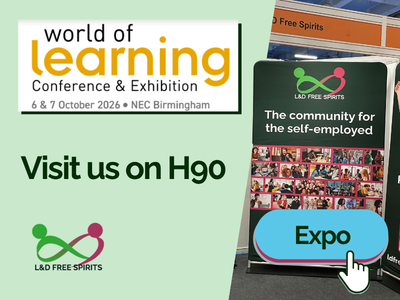 Promotional graphic for the World of Learning Conference & Exhibition, 6–7 October 2026 at the NEC Birmingham, reading “Visit us on H90”. A photo shows the L&D Free Spirits exhibition banner beside an “Expo” button.