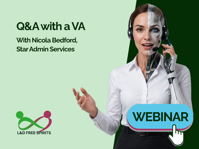 Promotional graphic for a webinar titled "Q&A with a VA" featuring Nicola Bedford of Star Admin Services. On the right is a photorealistic half-human, half-robot woman wearing a headset, speaking and gesturing. The L&D Free Spirits logo appears in the bottom left, with a blue "WEBINAR" button and hand cursor in the bottom right on a light and dark green background.