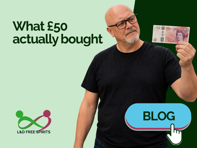 Graphic headed “What £50 actually bought”. A man in a black T-shirt looks puzzled as he holds up a £50 note. The L&D Free Spirits logo and a blue “BLOG” button appear below.