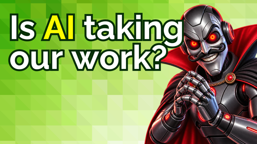 “Is AI Taking Our Work?” with ai robot looking sinister