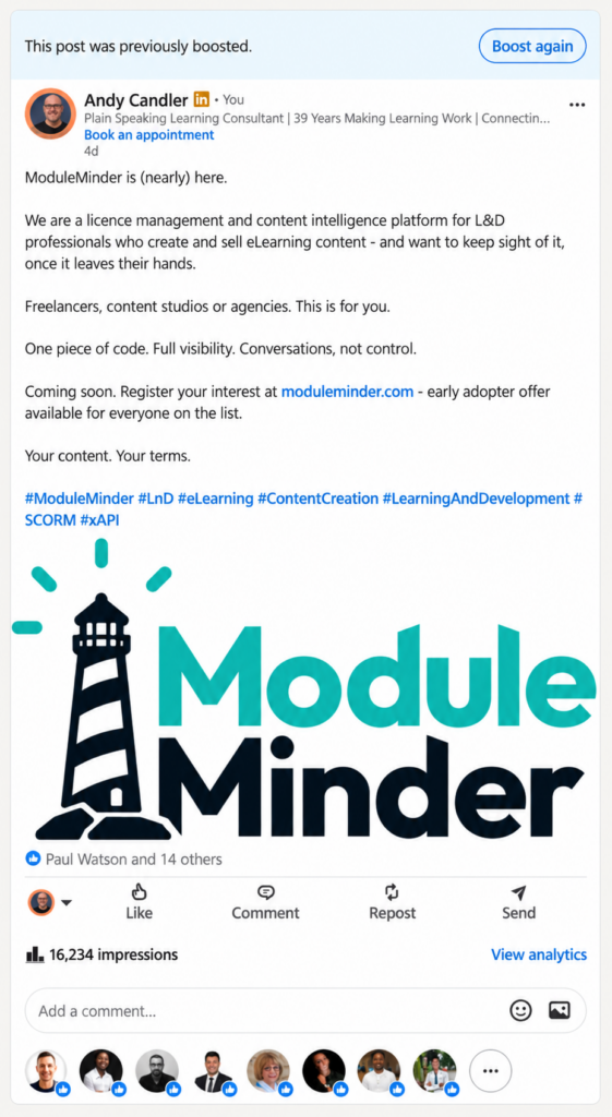 Screenshot of Andy Candler’s LinkedIn post announcing ModuleMinder, a licence management and content intelligence platform for L&D creators. It invites readers to register at moduleminder.com, above a large teal and navy logo featuring a lighthouse.
