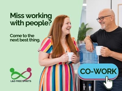 Promotional graphic for an L&D Free Spirits co-working session. Kim Ellis and a male colleague stand chatting with mugs beside a water cooler. Text reads “Miss working with people? Come to the next best thing.” with a “CO-WORK” button and the L&D Free Spirits logo.