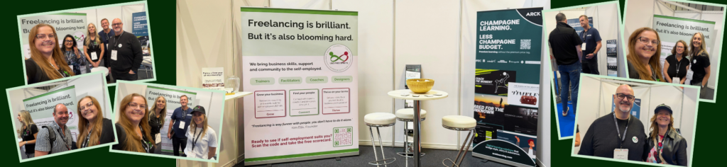 Collage of photos from the L&D Free Spirits stand at World of Learning 2026. The central image shows the exhibition stand with its “Freelancing is brilliant. But it’s also blooming hard.” banner, surrounded by photos of members and visitors smiling together at the event.